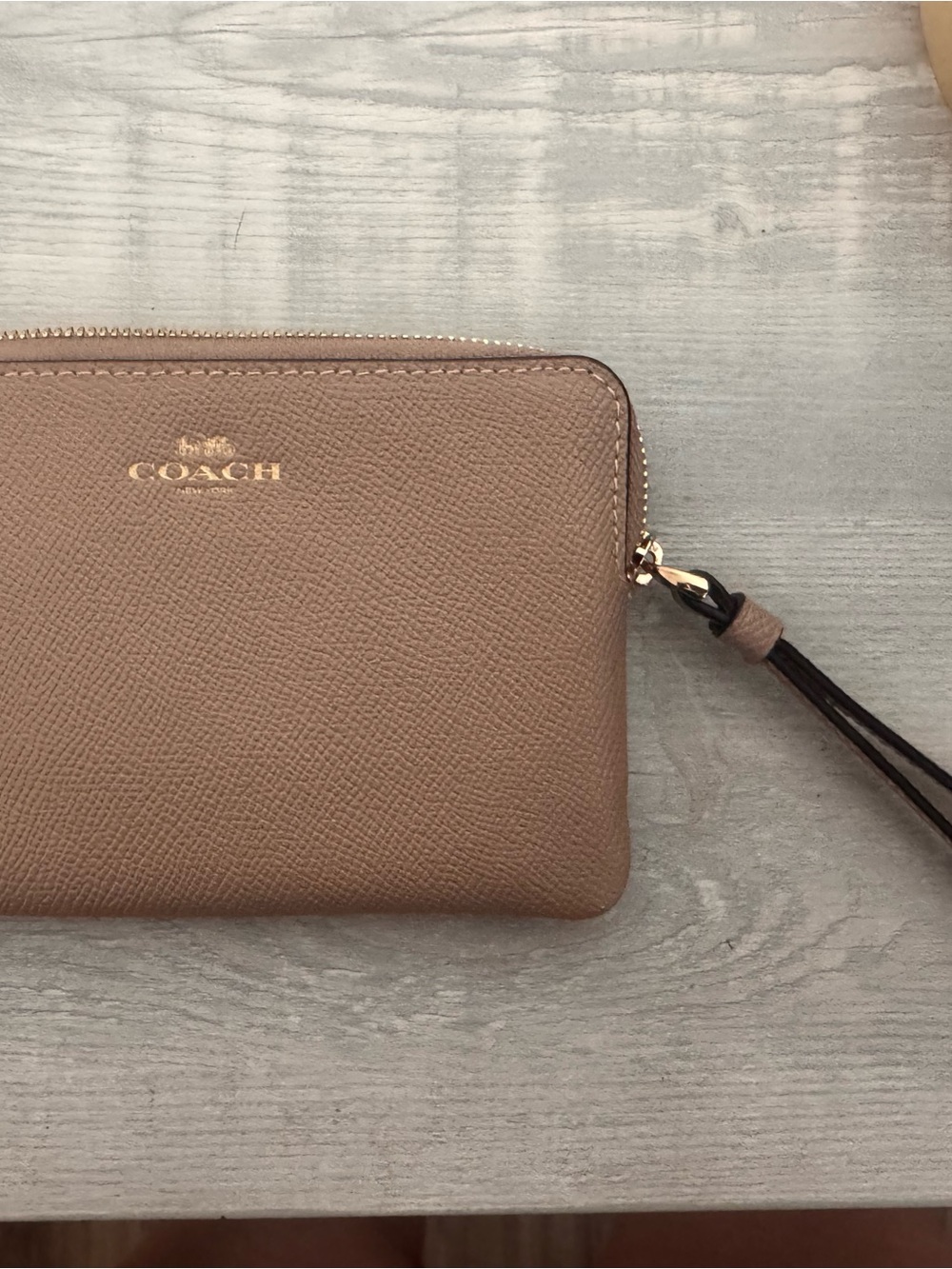 Coach Pebbled Leather Zip Wristlet in Taupe Brown with Gold Hardware